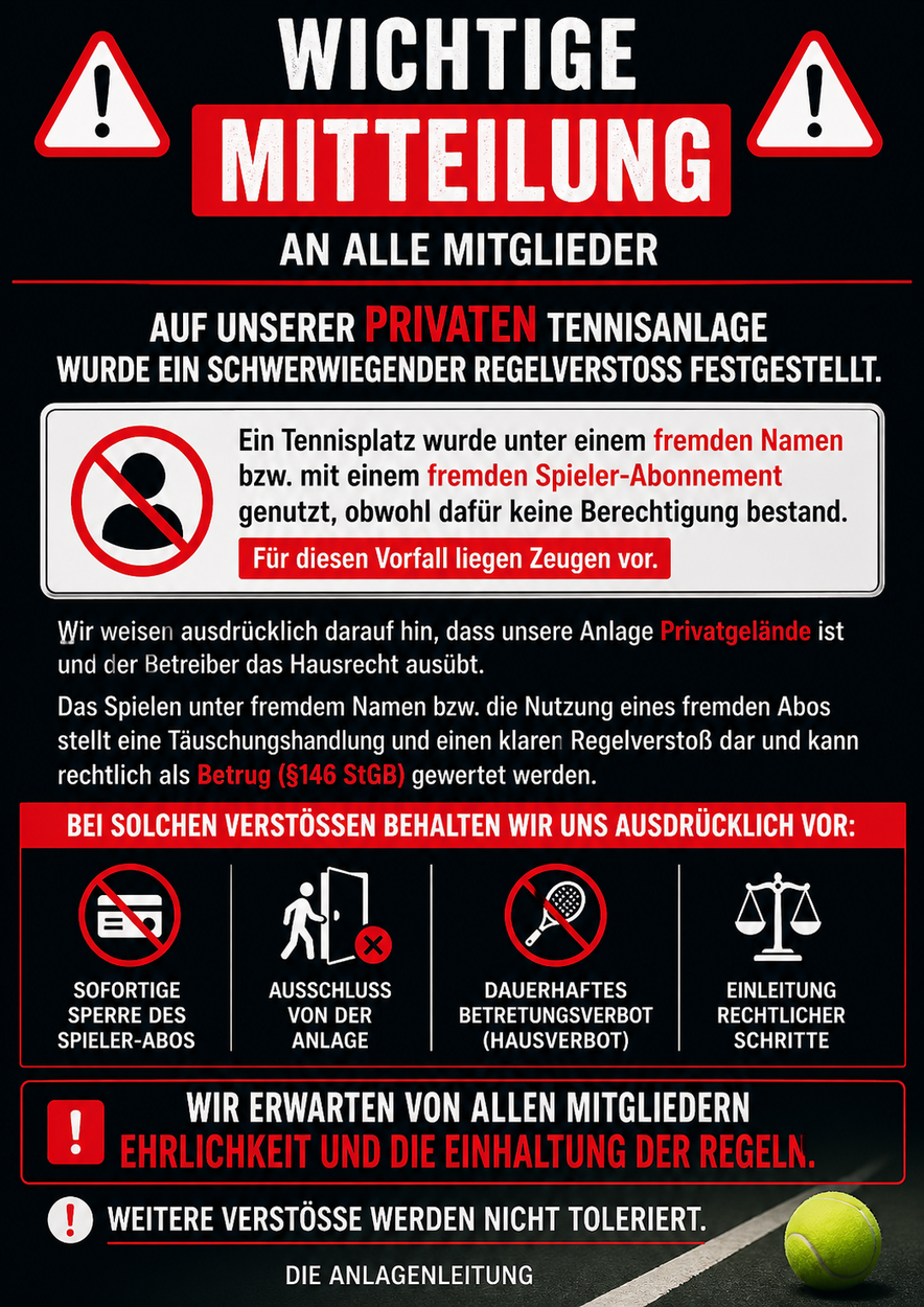 Aufforderung zur Unterlassung – Unbefugte Nutzung der privaten Tennisanlage / missbräuchliche Verwendung eines Spielerabonnements
