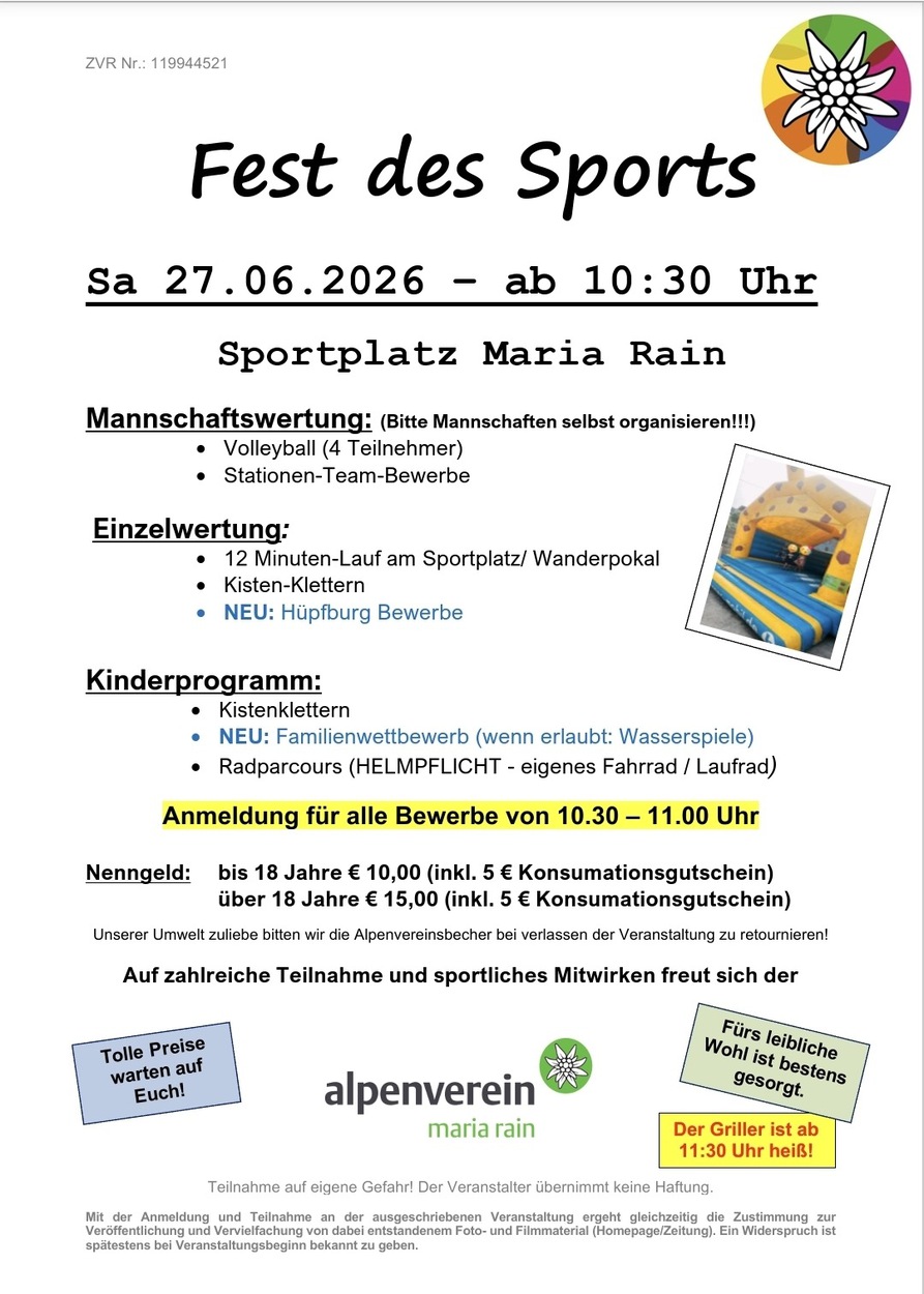 Alpenverein Maria Rain -Einladung Fest des Sports 2026